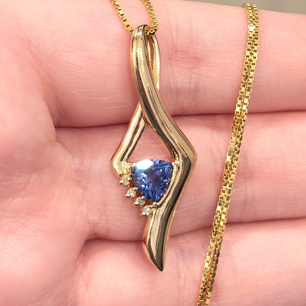 10K Sapphire Diamond Pendant, Yellow Gold, Deep Blue Trillion, Filigree Luxury